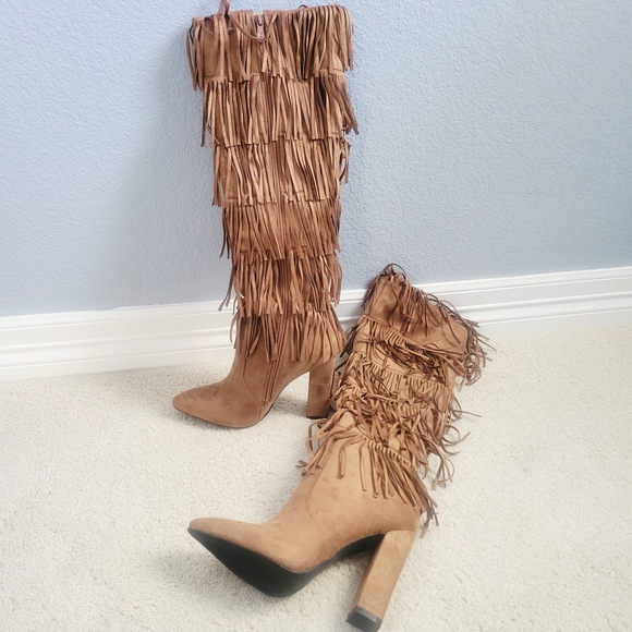 Nasty Gal Tan Fringe Heeled Boots - Picture 1 of 7